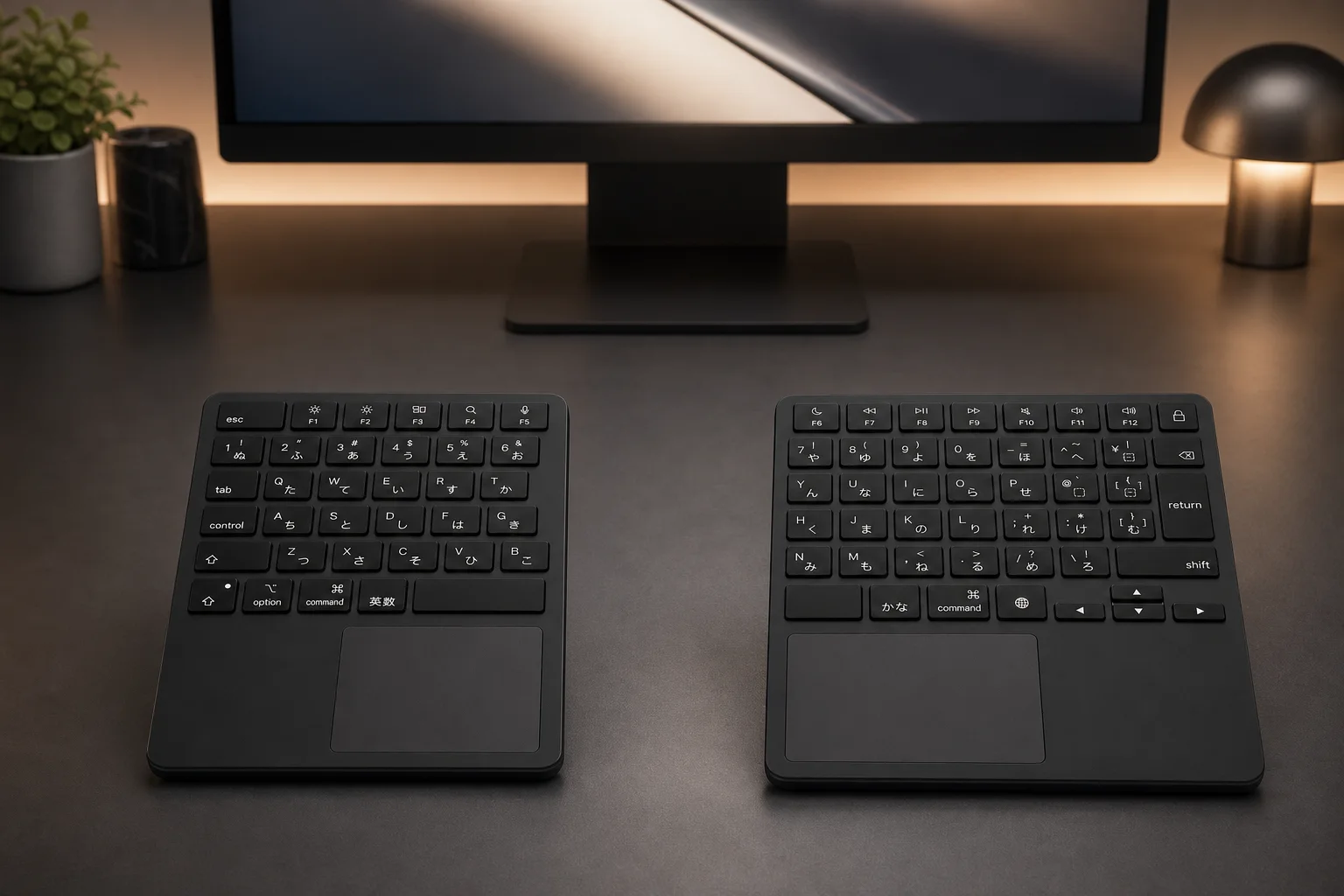 ケーブルのないデスクに置かれた分割キーボード